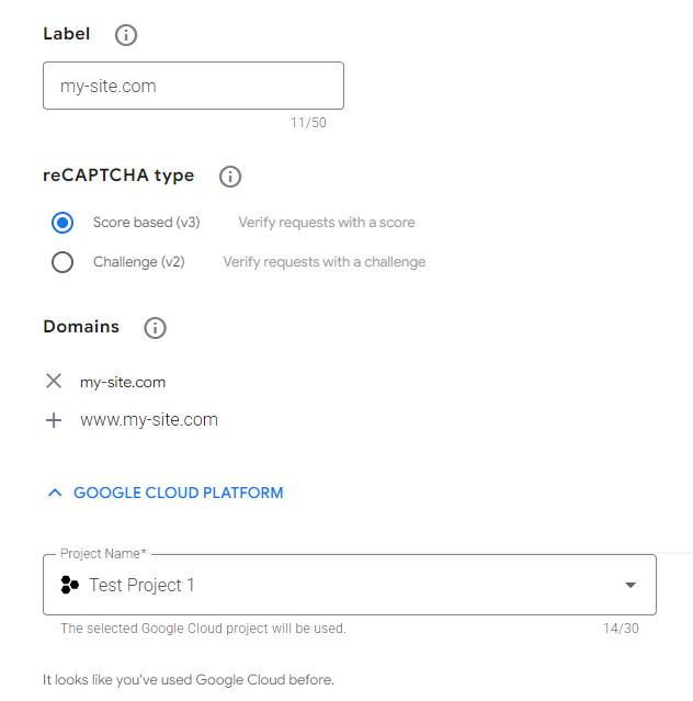 Example of the register a new site form.